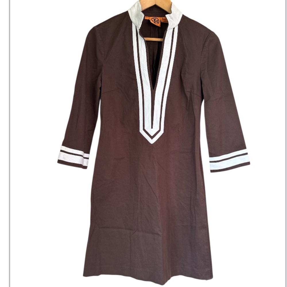 Tory Burch Chocolate Brown Dress with White Trim size 4 stretch